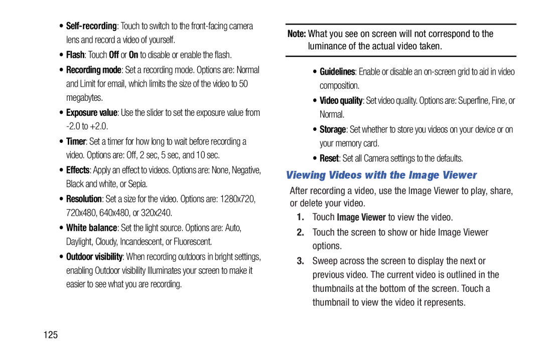 Samsung 10 1 White user manual Viewing Videos with the Image Viewer, 125, Video. Options are Off, 2 sec, 5 sec, and 10 sec 