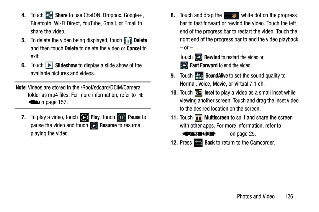 Samsung 10 1 Deep Gray, GTN8013EAVXAR, GT-N8013EAVXAR, 10 1 White user manual Press Back to return to the Camcorder, 126 