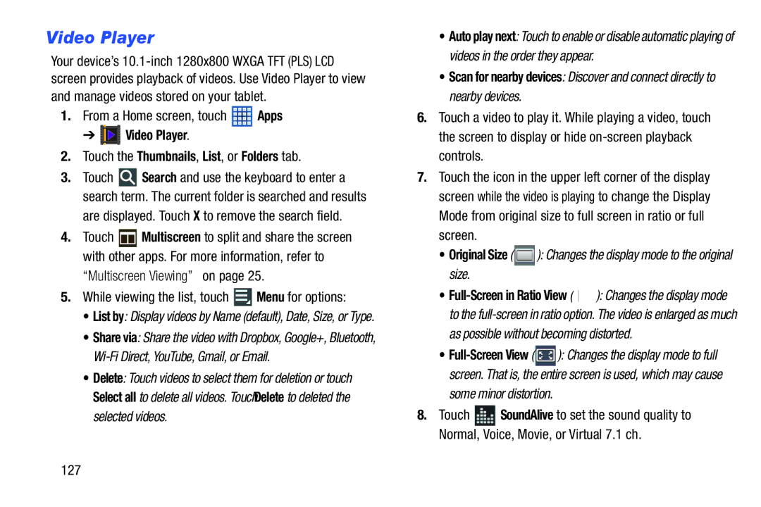 Samsung GTN8013EAVXAR, GT-N8013EAVXAR, 10 1 White user manual Video Player Touch the Thumbnails, List, or Folders tab 