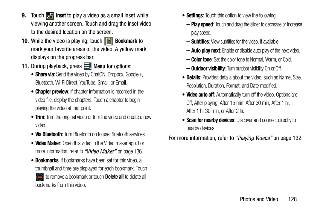 Samsung GT-N8013EAVXAR During playback, press Menu for options, 128, Subtitles View subtitles for the video, if available 