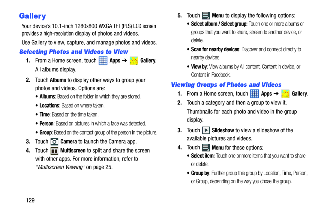 Samsung 10 1 White, GTN8013EAVXAR Gallery, Selecting Photos and Videos to View, Viewing Groups of Photos and Videos 