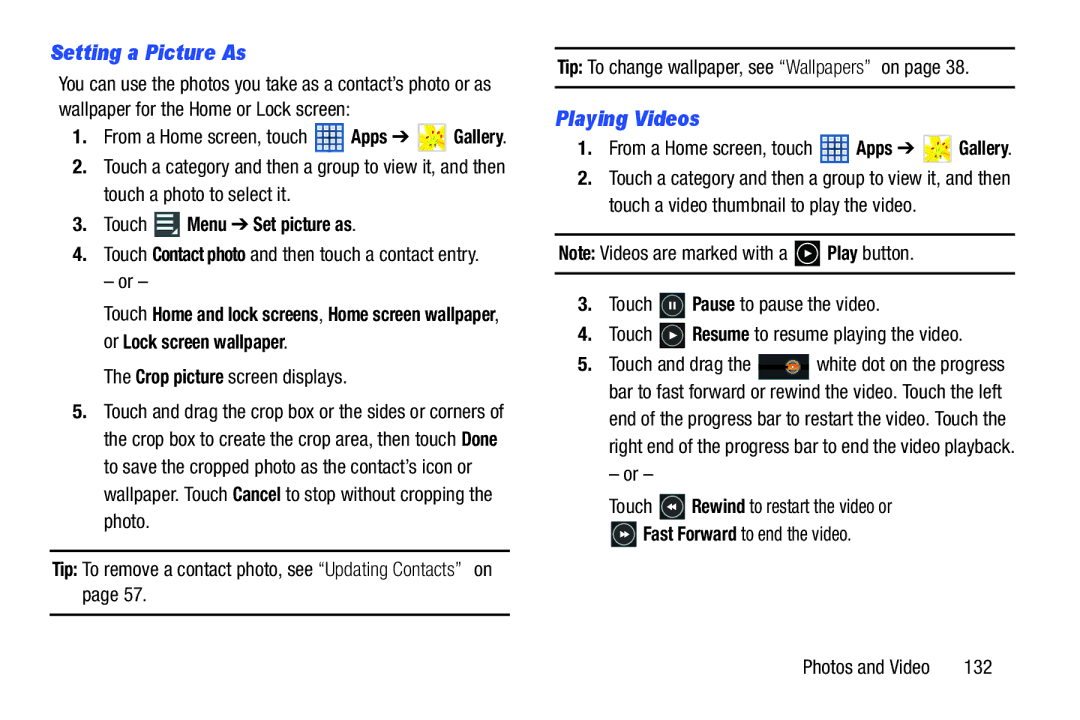 Samsung GT-N8013EAVXAR Setting a Picture As, Playing Videos, Touch Menu Set picture as, Crop picture screen displays, 132 
