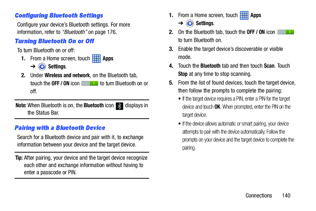 Samsung GT-N8013EAVXAR Configuring Bluetooth Settings, Turning Bluetooth On or Off, Pairing with a Bluetooth Device 