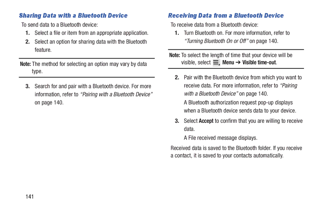 Samsung 10 1 White, GTN8013EAVXAR Sharing Data with a Bluetooth Device, Receiving Data from a Bluetooth Device, 141 