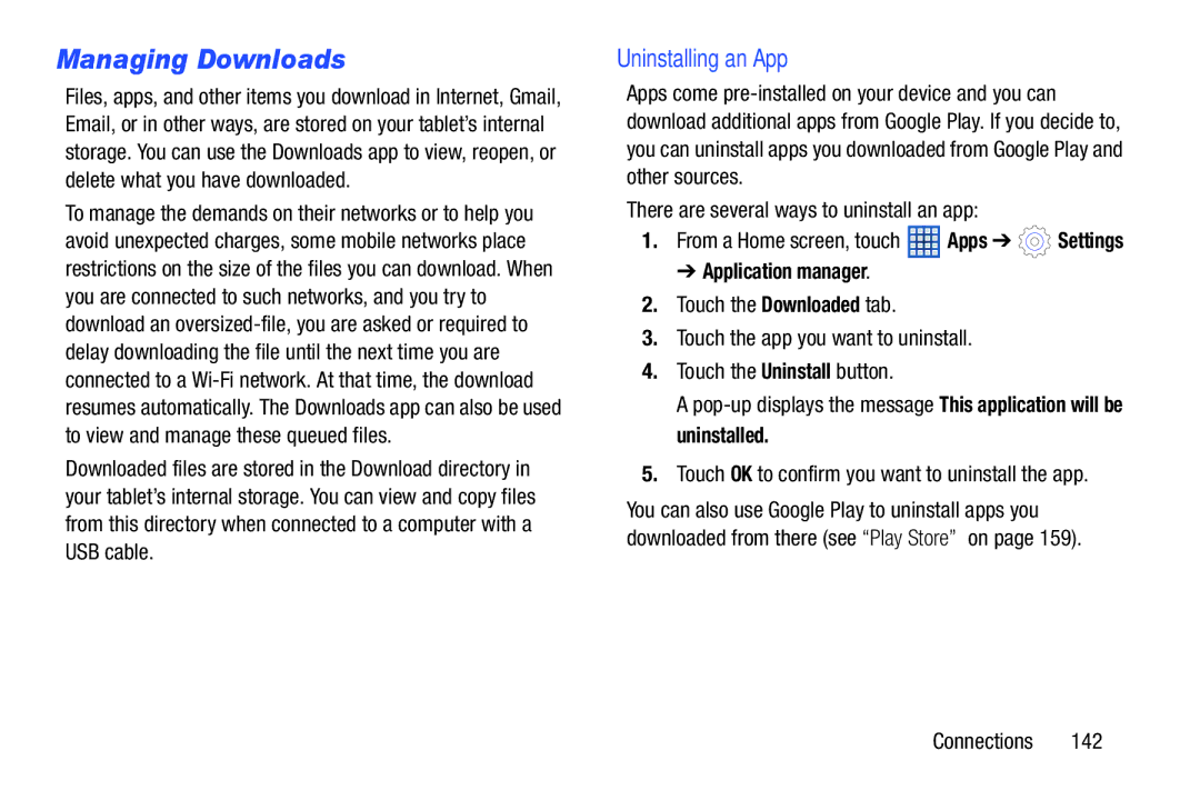 Samsung 10 1 Deep Gray, GTN8013EAVXAR, GT-N8013EAVXAR Managing Downloads, Uninstalling an App, Application manager 