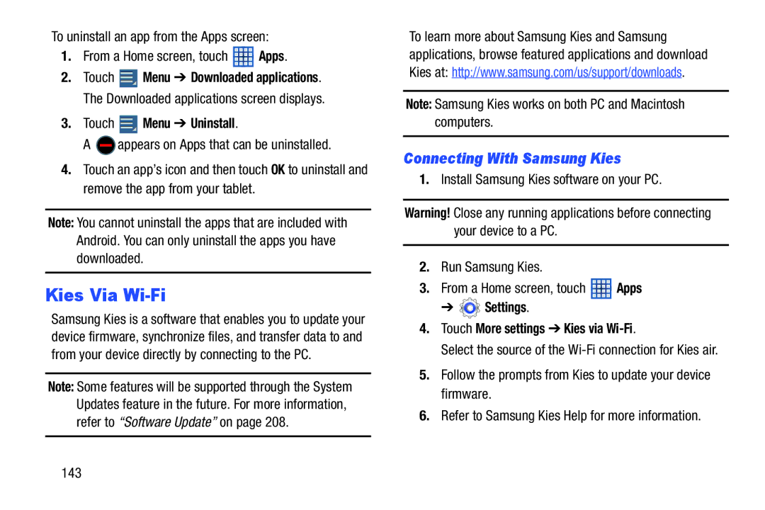 Samsung GTN8013EAVXAR, GT-N8013EAVXAR, 10 1 White Kies Via Wi-Fi, Connecting With Samsung Kies, Touch Menu Uninstall 