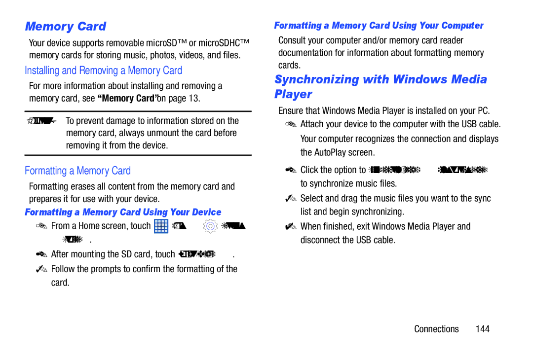 Samsung GT-N8013EAVXAR, 10 1 White Synchronizing with Windows Media Player, Installing and Removing a Memory Card, Storage 