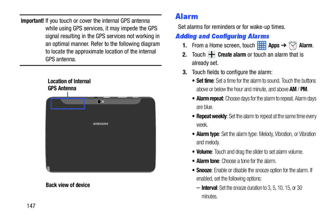 Samsung GTN8013EAVXAR, 10 1 White Adding and Configuring Alarms, Location of Internal GPS Antenna Back view of device 