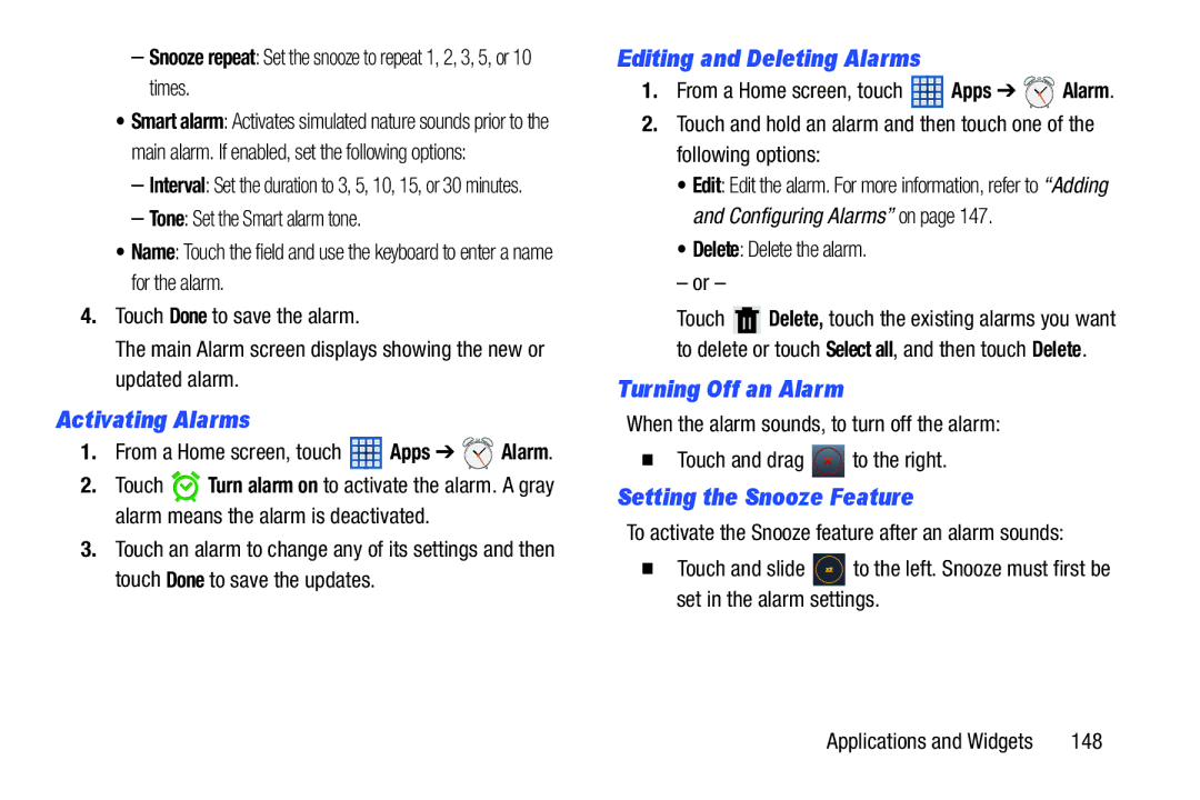 Samsung GT-N8013EAVXAR Activating Alarms, Editing and Deleting Alarms, Turning Off an Alarm, Setting the Snooze Feature 