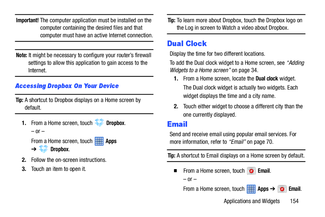 Samsung 10 1 Deep Gray, GTN8013EAVXAR, GT-N8013EAVXAR, 10 1 White user manual Dual Clock, Accessing Dropbox On Your Device 