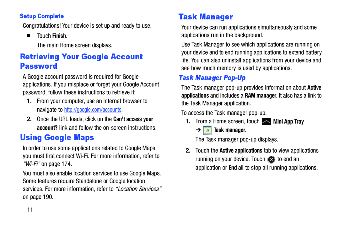 Samsung GTN8013EAVXAR Retrieving Your Google Account Password, Using Google Maps, Task Manager Pop-Up, Setup Complete 