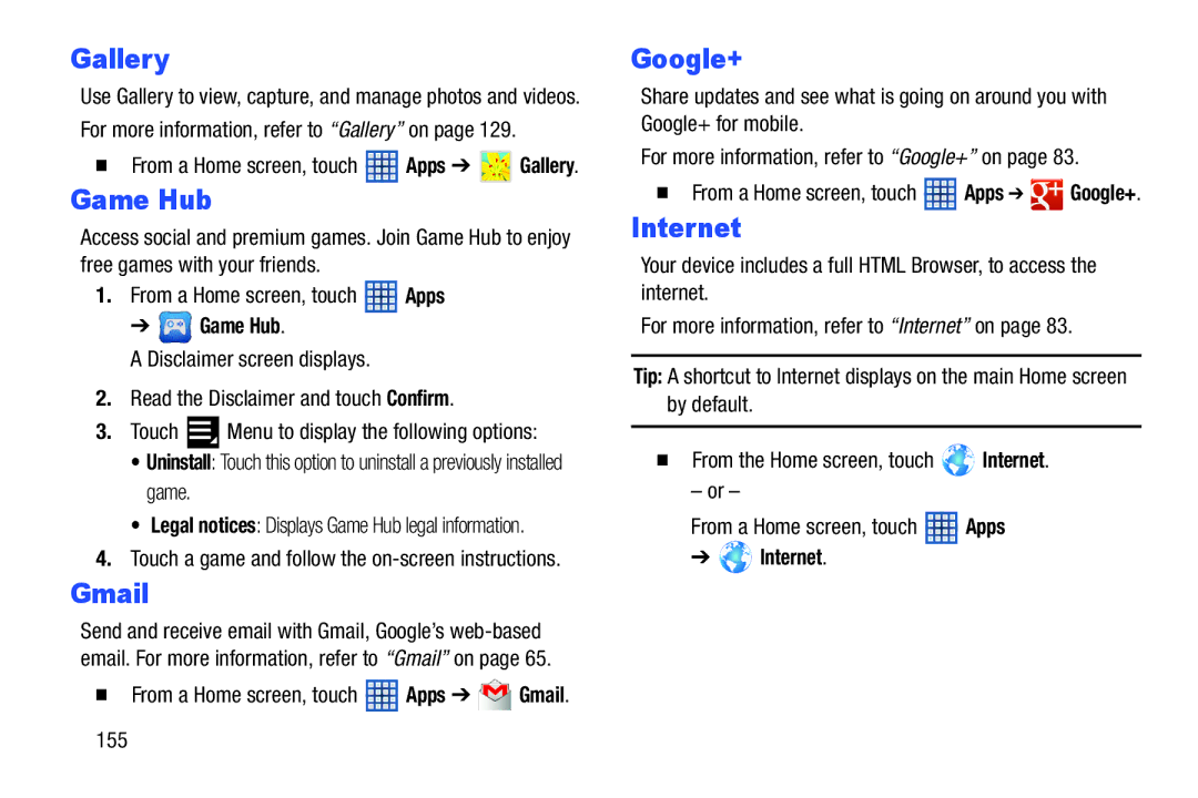 Samsung GTN8013EAVXAR, GT-N8013EAVXAR, 10 1 White, 10 1 Deep Gray user manual Game Hub, Internet, 155 