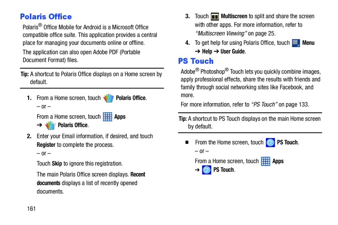 Samsung 10 1 White, GTN8013EAVXAR user manual Polaris Office, Touch Skip to ignore this registration, Help User Guide, 161 