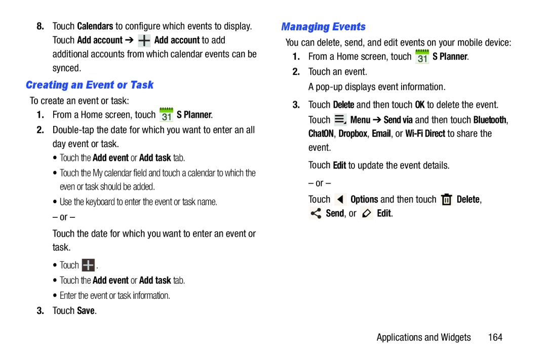 Samsung GT-N8013EAVXAR Creating an Event or Task, Managing Events, Touch the Add event or Add task tab, Send, or Edit 