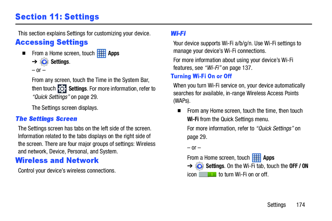 Samsung 10 1 Deep Gray, GTN8013EAVXAR, GT-N8013EAVXAR Accessing Settings, Wireless and Network, Settings Screen, Wi-Fi 