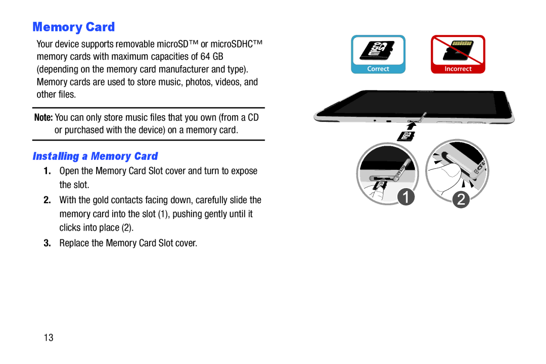 Samsung 10 1 White, GTN8013EAVXAR user manual Installing a Memory Card, Or purchased with the device on a memory card 