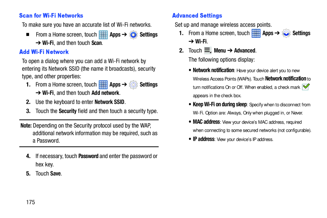 Samsung GTN8013EAVXAR, GT-N8013EAVXAR, 10 1 White user manual Scan for Wi-Fi Networks, Add Wi-Fi Network, Advanced Settings 