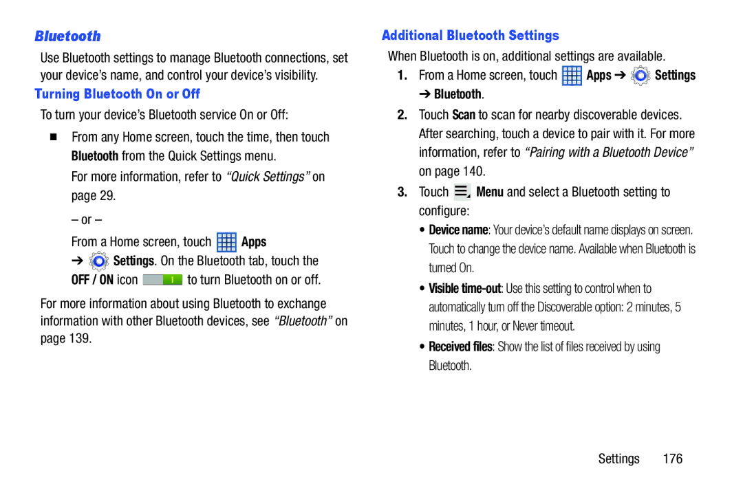 Samsung GT-N8013EAVXAR, GTN8013EAVXAR Turning Bluetooth On or Off, OFF / on icon, Additional Bluetooth Settings 