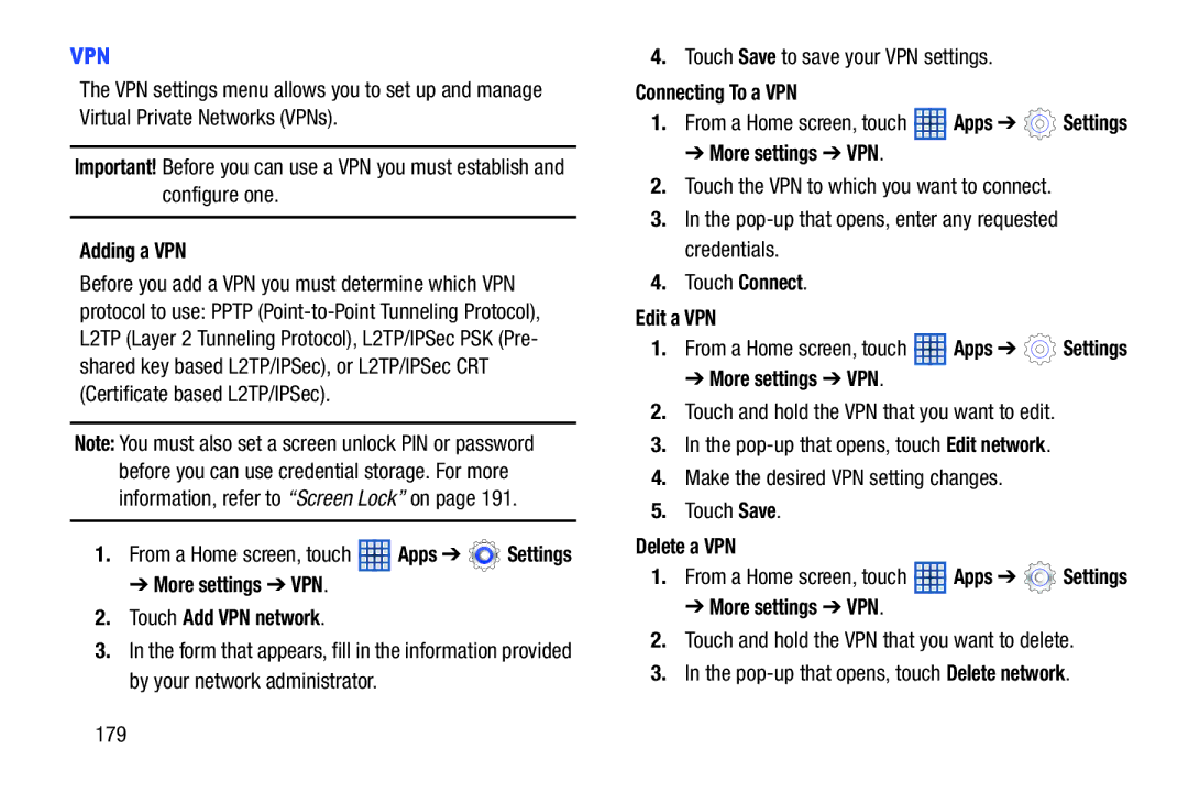 Samsung GTN8013EAVXAR Adding a VPN, More settings VPN Touch Add VPN network, Connecting To a VPN, Edit a VPN, Delete a VPN 