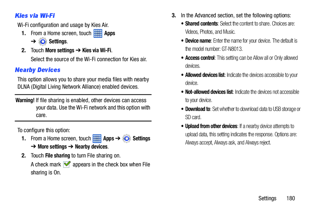 Samsung GT-N8013EAVXAR, 10 1 White Kies via Wi-Fi, Nearby Devices, To configure this option, More settings Nearby devices 