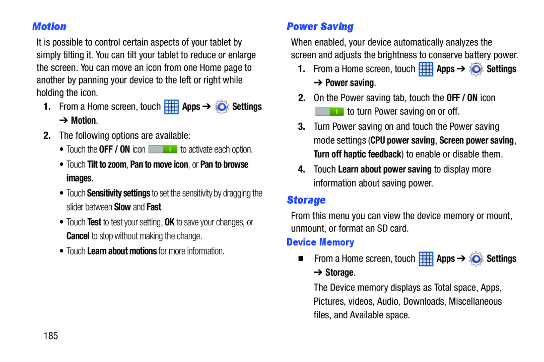 Samsung 10 1 White, GTN8013EAVXAR, GT-N8013EAVXAR, 10 1 Deep Gray user manual Motion, Power Saving, Storage, Device Memory 