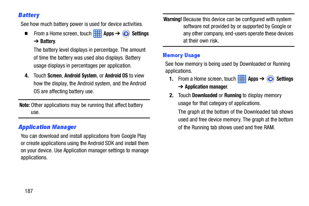 Samsung GTN8013EAVXAR, GT-N8013EAVXAR, 10 1 White, 10 1 Deep Gray user manual Battery, Application Manager, Memory Usage, 187 