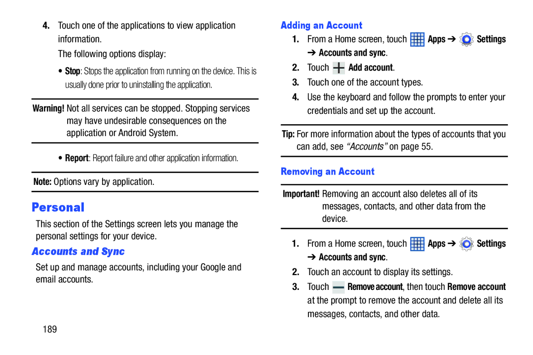 Samsung 10 1 White, GTN8013EAVXAR Personal, Accounts and Sync, Adding an Account, Accounts and sync Touch Add account 