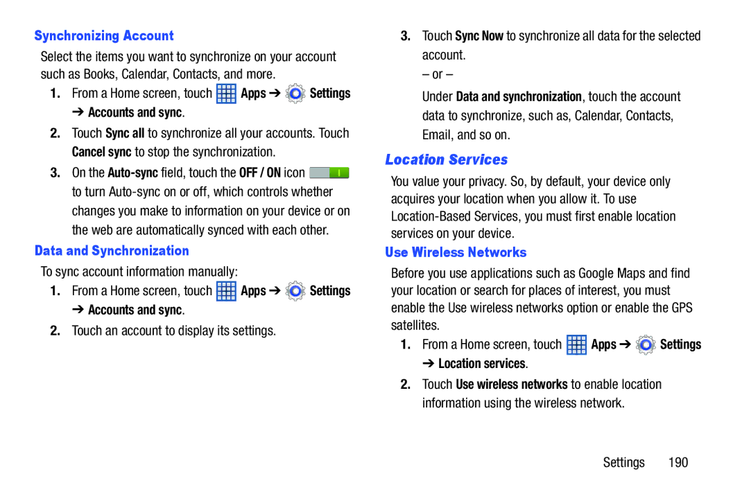 Samsung 10 1 Deep Gray Location Services, Synchronizing Account, Data and Synchronization, Use Wireless Networks 