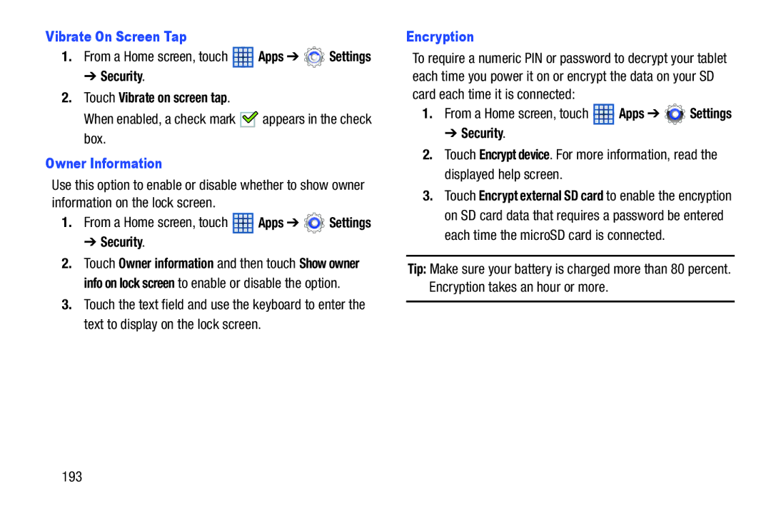 Samsung 10 1 White user manual Vibrate On Screen Tap, Security Touch Vibrate on screen tap, Owner Information, Encryption 