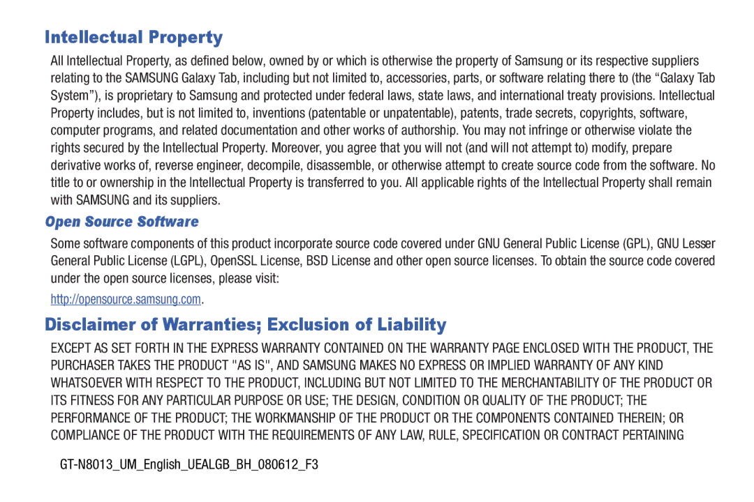 Samsung 10 1 White user manual Intellectual Property, Disclaimer of Warranties Exclusion of Liability, Open Source Software 