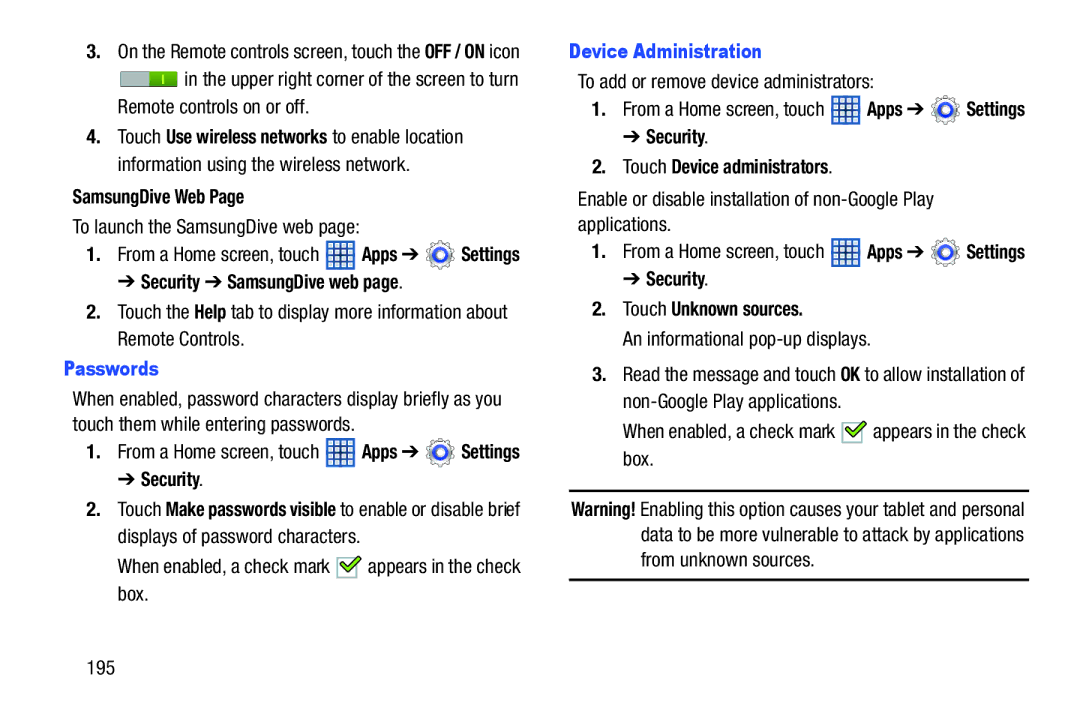 Samsung GTN8013EAVXAR, GT-N8013EAVXAR, 10 1 White, 10 1 Deep Gray user manual Passwords Device Administration 