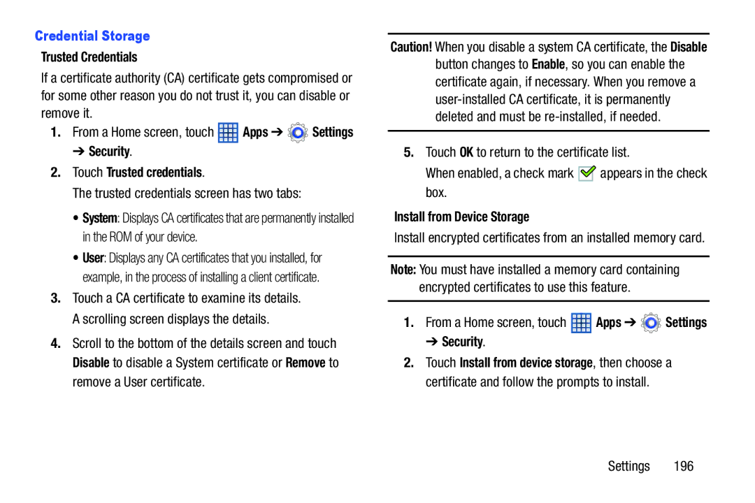 Samsung GT-N8013EAVXAR, GTN8013EAVXAR Credential Storage, Trusted Credentials, Security Touch Trusted credentials 