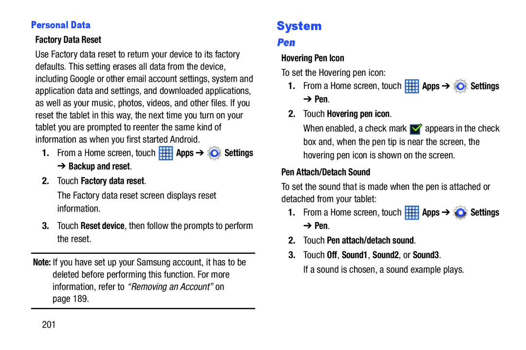 Samsung 10 1 White, GTN8013EAVXAR, GT-N8013EAVXAR, 10 1 Deep Gray user manual System, Pen, Personal Data 