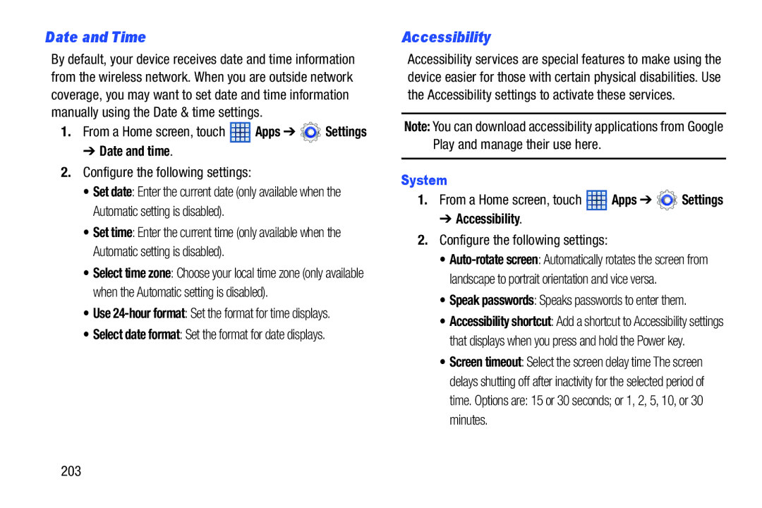 Samsung GTN8013EAVXAR, GT-N8013EAVXAR Date and Time, Accessibility, Date and time, Configure the following settings, 203 