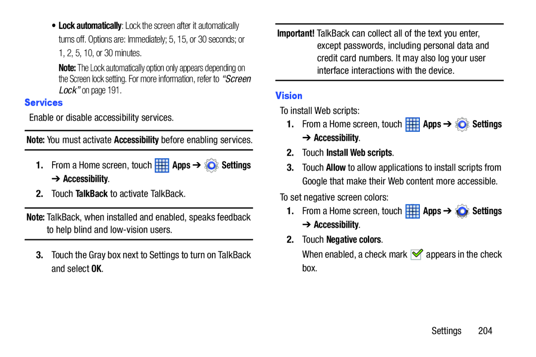 Samsung GT-N8013EAVXAR Services, Vision, Accessibility Touch Install Web scripts, Accessibility Touch Negative colors 