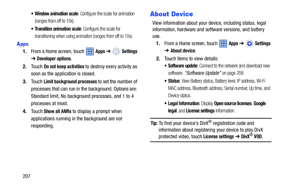 Samsung GTN8013EAVXAR, GT-N8013EAVXAR, 10 1 White About Device, Apps, About device, Touch items to view details, 207 