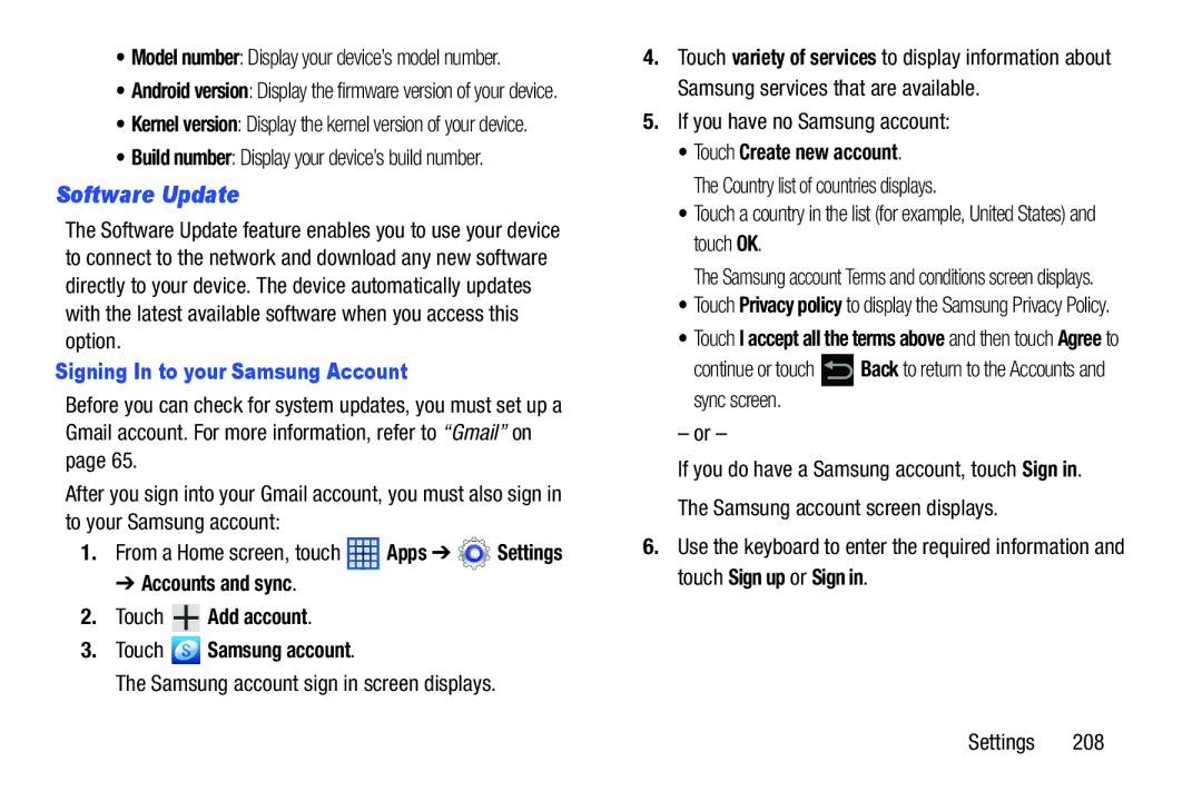 Samsung GT-N8013EAVXAR, GTN8013EAVXAR Software Update, Signing In to your Samsung Account, Touch Create new account 