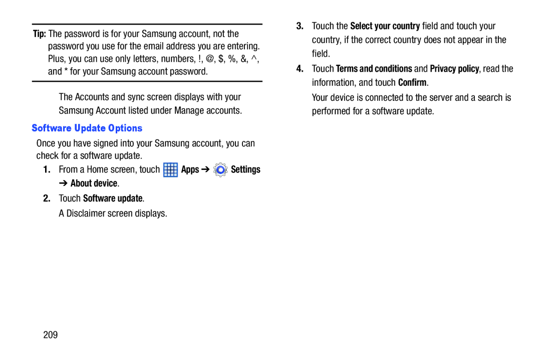 Samsung 10 1 White, GTN8013EAVXAR, GT-N8013EAVXAR Software Update Options, About device Touch Software update, 209 