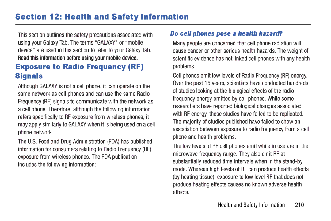 Samsung 10 1 Deep Gray, GTN8013EAVXAR user manual Health and Safety Information, Exposure to Radio Frequency RF Signals, 210 