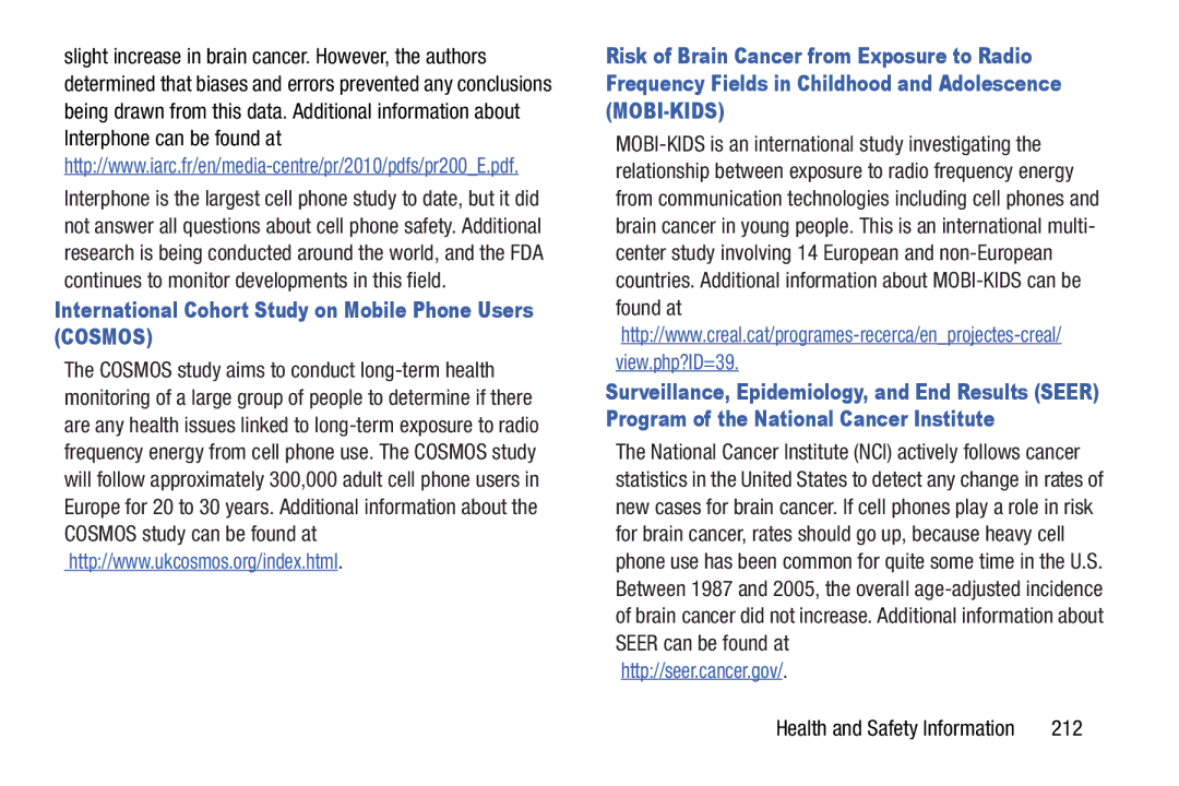 Samsung GT-N8013EAVXAR, GTN8013EAVXAR, 10 1 White user manual International Cohort Study on Mobile Phone Users Cosmos, 212 