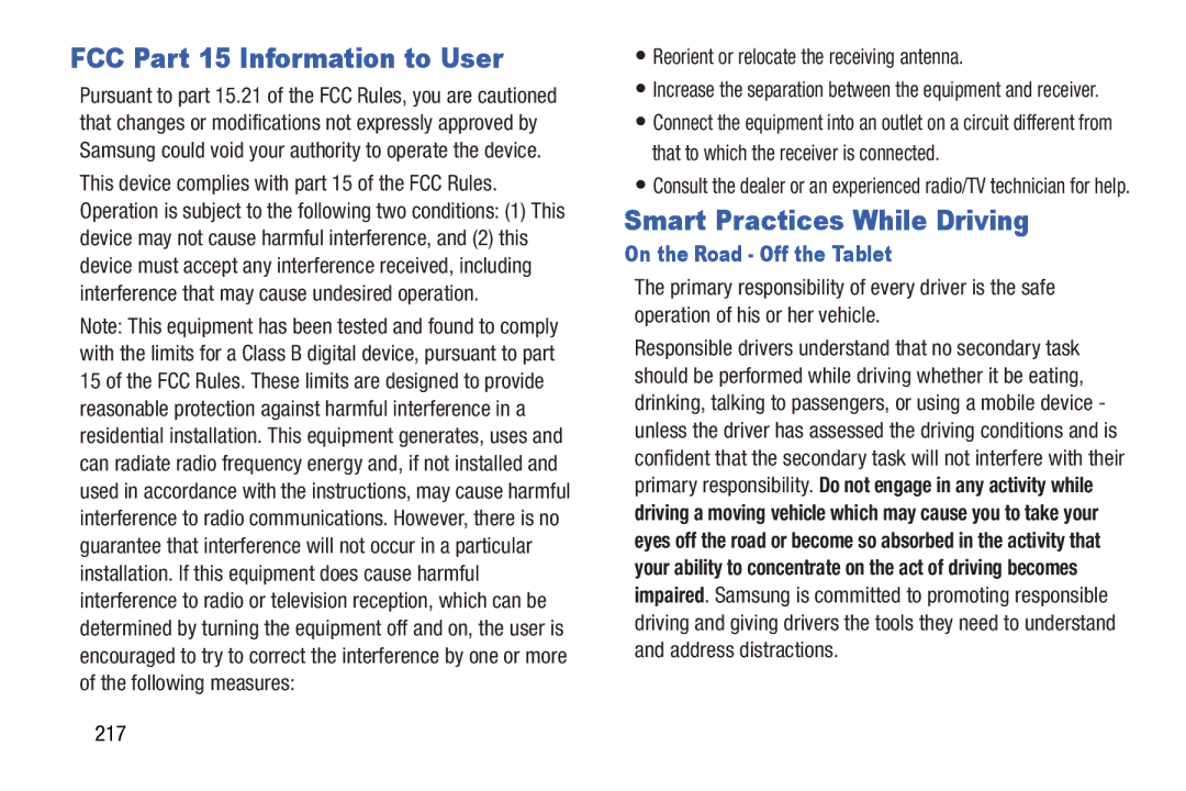 Samsung 10 1 White user manual FCC Part 15 Information to User, Smart Practices While Driving, On the Road Off the Tablet 