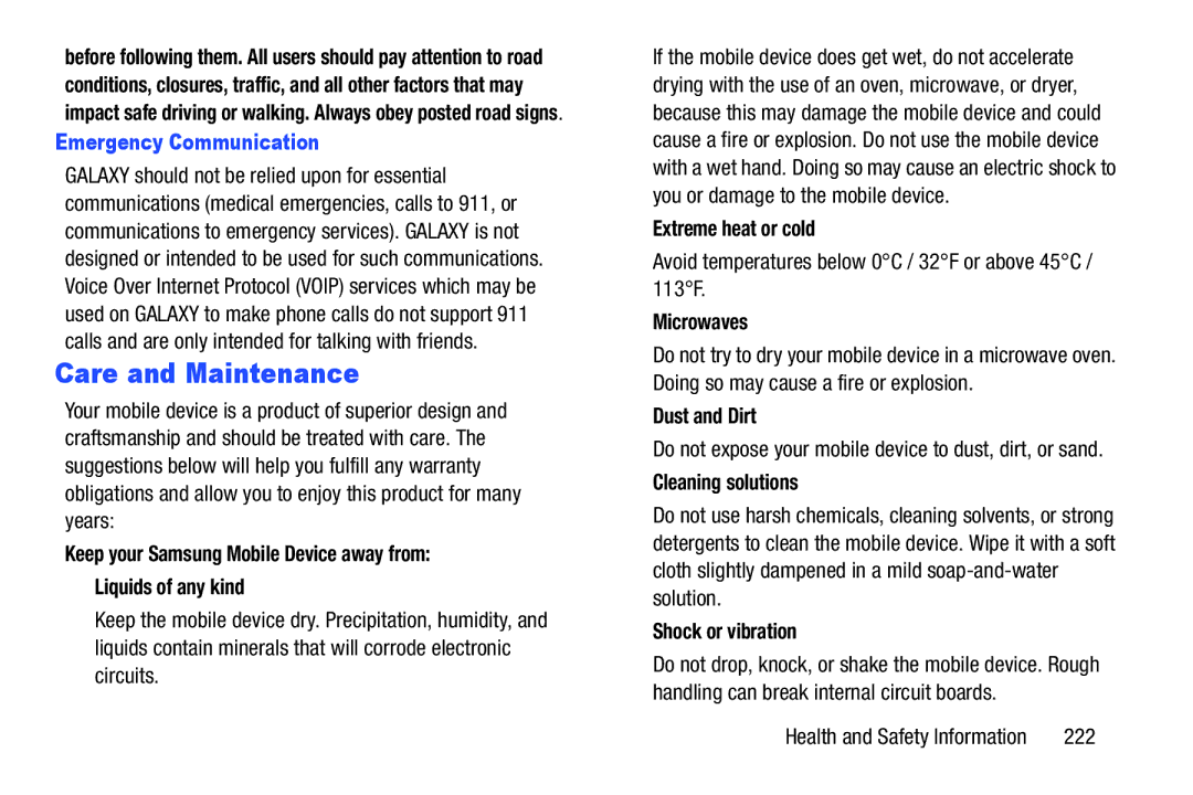 Samsung 10 1 Deep Gray, GTN8013EAVXAR, GT-N8013EAVXAR, 10 1 White user manual Care and Maintenance, Emergency Communication 