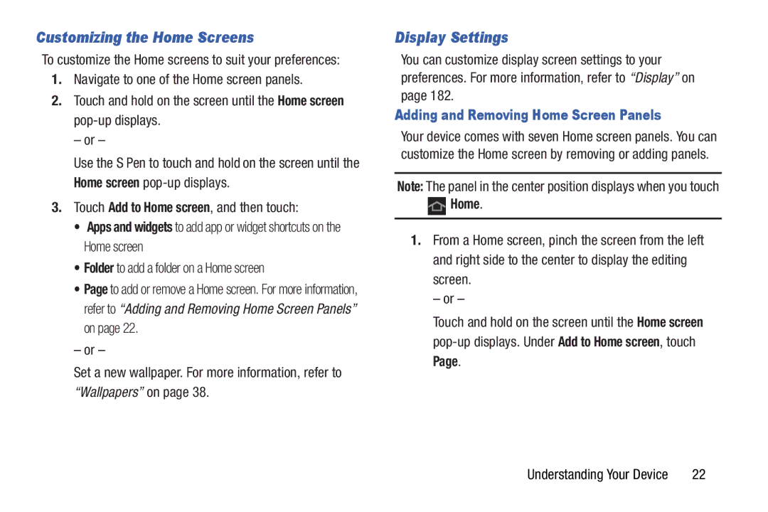 Samsung 10 1 Deep Gray, 10 1 White Customizing the Home Screens, Display Settings, Adding and Removing Home Screen Panels 