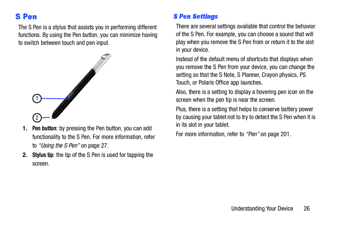 Samsung 10 1 Deep Gray, GTN8013EAVXAR, GT-N8013EAVXAR, 10 1 White Pen Settings, For more information, refer to Pen on 