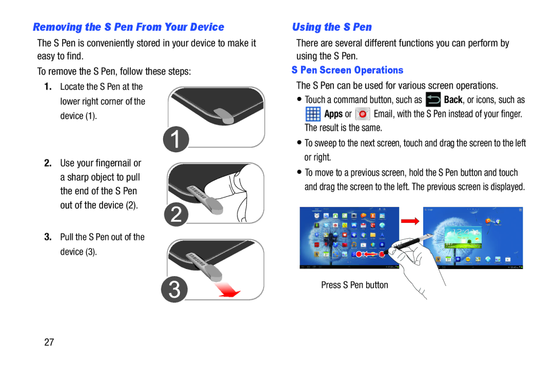 Samsung GTN8013EAVXAR Removing the S Pen From Your Device, Using the S Pen, Use your fingernail or, Pen Screen Operations 