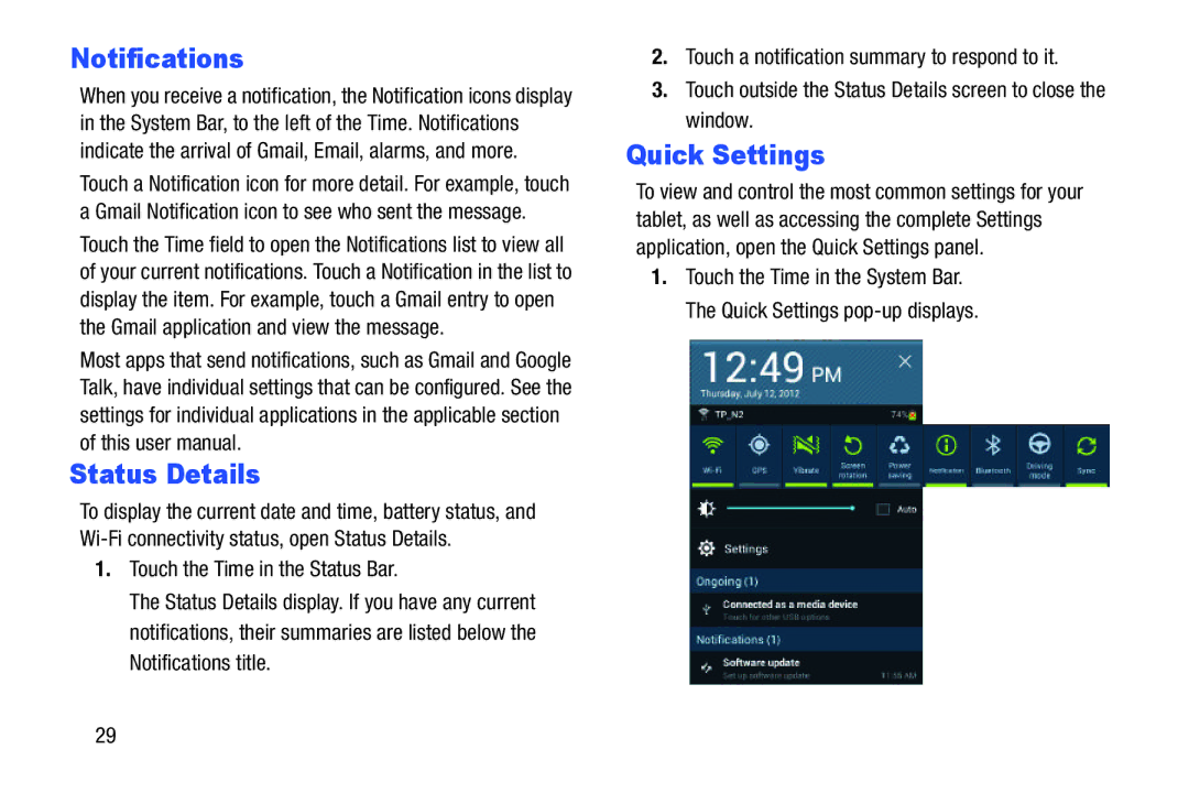 Samsung 10 1 White, GTN8013EAVXAR, GT-N8013EAVXAR, 10 1 Deep Gray user manual Notifications, Status Details, Quick Settings 