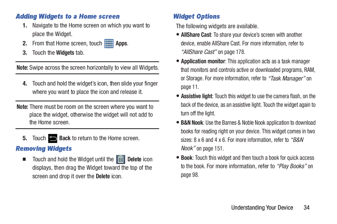 Samsung 10 1 Deep Gray Adding Widgets to a Home screen, Removing Widgets, Widget Options, Following widgets are available 