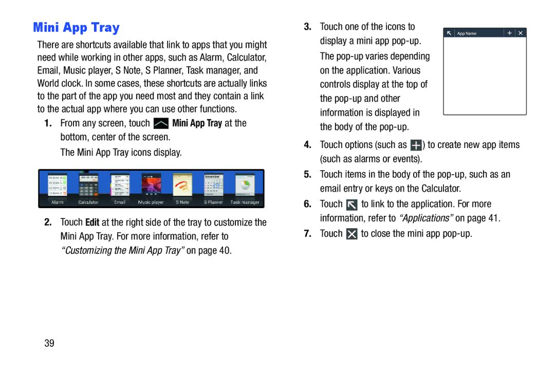 Samsung GTN8013EAVXAR, GT-N8013EAVXAR, 10 1 White, 10 1 Deep Gray Mini App Tray, Touch to close the mini app pop-up 