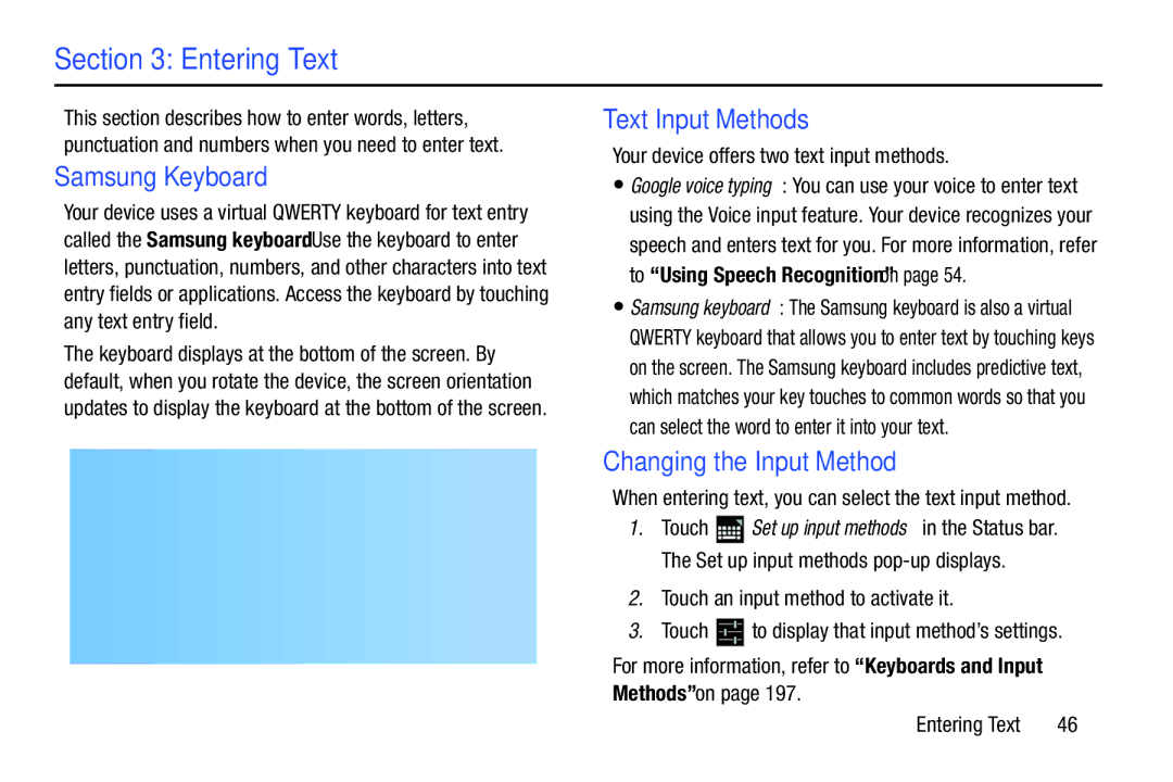 Samsung 10 1 Deep Gray, GTN8013EAVXAR Entering Text, Samsung Keyboard, Text Input Methods, Changing the Input Method 