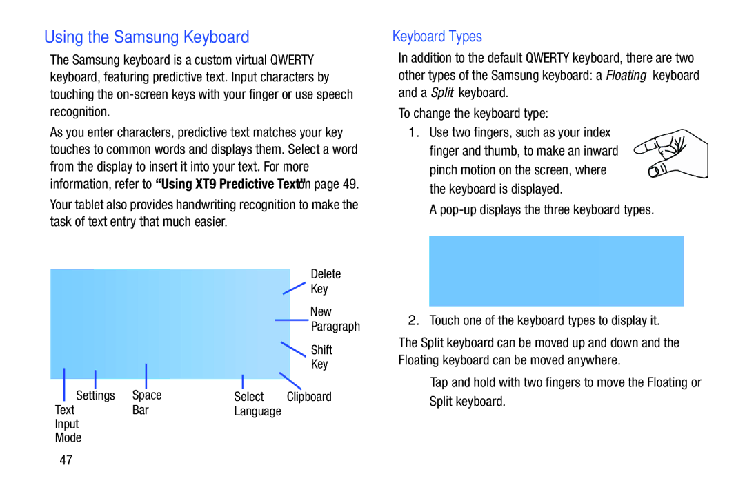 Samsung GTN8013EAVXAR, GT-N8013EAVXAR, 10 1 White, 10 1 Deep Gray user manual Using the Samsung Keyboard, Keyboard Types 